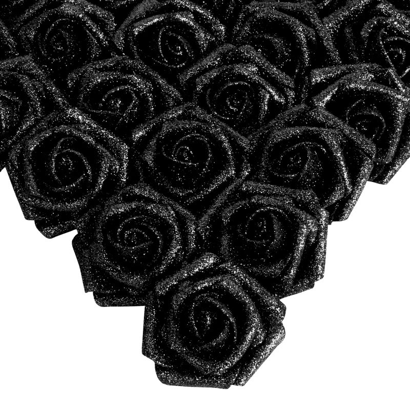 IPOPU Black Glitter Roses, 25pcs Foam Glitter Roses Glitter Flowers Foam Rose with Stem for DIY Wedding Bridal Bouquet Home Party Decoration(Black) - Image 1