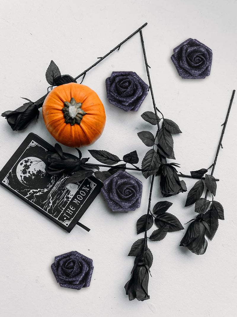 IPOPU Black Glitter Roses, 25pcs Foam Glitter Roses Glitter Flowers Foam Rose with Stem for DIY Wedding Bridal Bouquet Home Party Decoration(Black) - Image 5