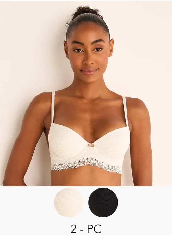 فاف Set of 2 - Lace Trim Padded Bra with Hook and Eye Closure