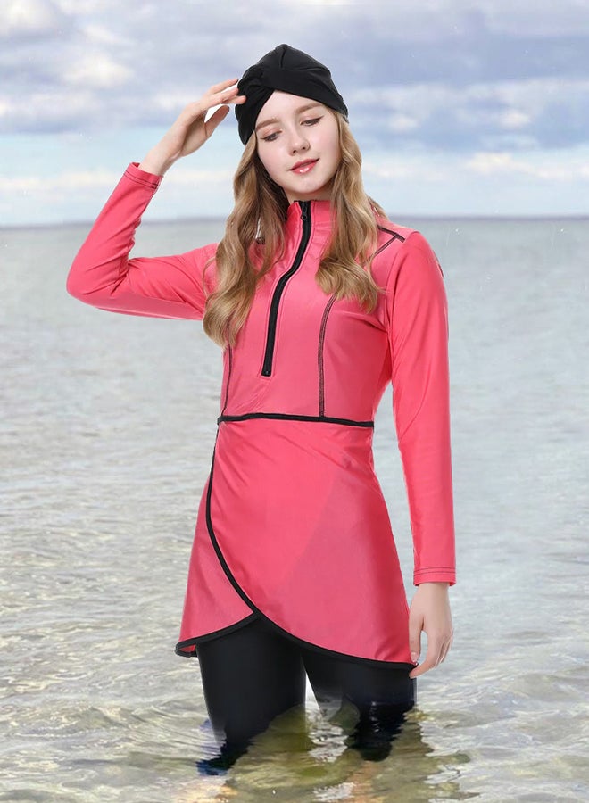 MARGOUN Women Medium Size Muslim Swimming Costume for Women 3 Piece Full Coverage Zipper Front Swimwear Islamic Rash Guard Pink - Image 3