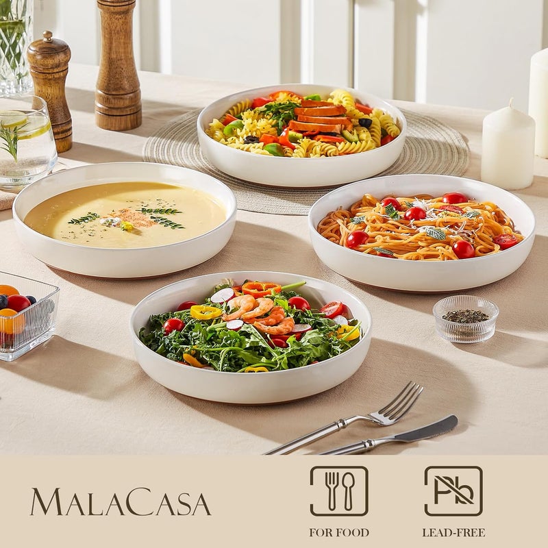 MALACASA 48 OZ Pasta Bowls Set of 4 Large Salad Serving Bowls for Kitchen Ceramic Soup Bowls Pasta Plates for Dinner Microwave Dishwasher Safe Khaki WhiteSeries TARA - Image 3