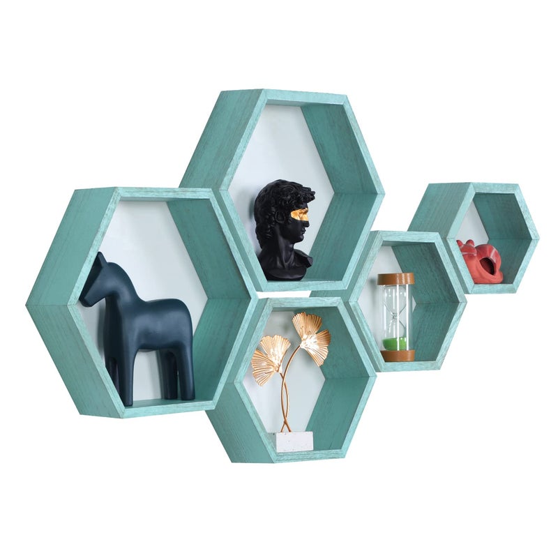 PHOENANCEE Hexagon Floating ShelvesWall Mounted Wood Farmhouse Storage Honeycomb Wall Shelf Set of 5for Bathroom Kitchen Bedroom Living RoomOfficeDriftwood Finish Ocean Blue