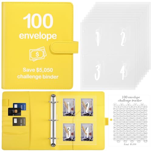 Pemocyny 100 Envelopes Money Saving Challenge Binder with Reusable Laminated Tracker, Budget Book with Cash Envelopes, Easy and Fun Way to Save $5,050 (Yellow) - Image 1