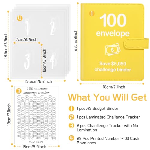 Pemocyny 100 Envelopes Money Saving Challenge Binder with Reusable Laminated Tracker, Budget Book with Cash Envelopes, Easy and Fun Way to Save $5,050 (Yellow) - Image 2