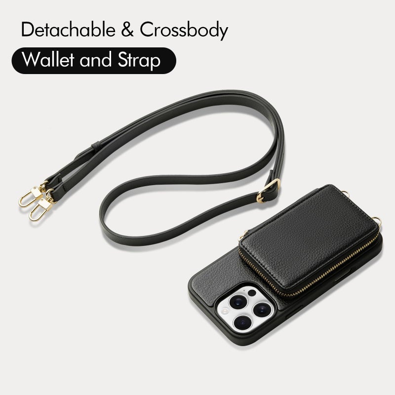 ZVE for iPhone 16 Pro Wallet Case with Card Holder, Zipper Crossbody Case with Wrist Strap for Women for iPhone 16 Pro 6.3" Black - Image 5