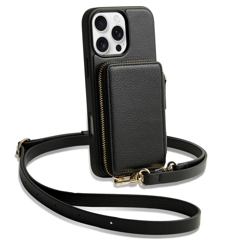 ZVE for iPhone 16 Pro Wallet Case with Card Holder, Zipper Crossbody Case with Wrist Strap for Women for iPhone 16 Pro 6.3" Black - Image 1