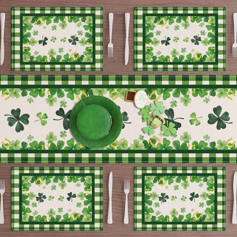 XCHI Green Plaid Four-Leaf Clovers Shamrocks Horseshoes St. Patrick's Day Placemats Set of 4 Table Mats for Party Home Kitchen Dining Table Decorations 12x18 Inch - Image 4