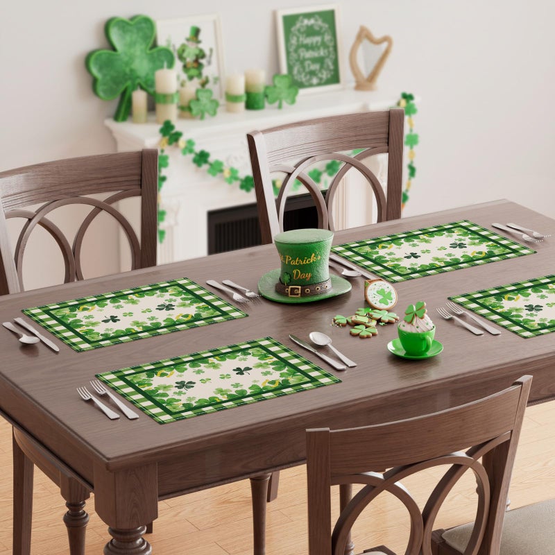 XCHI Green Plaid Four-Leaf Clovers Shamrocks Horseshoes St. Patrick's Day Placemats Set of 4 Table Mats for Party Home Kitchen Dining Table Decorations 12x18 Inch - Image 2