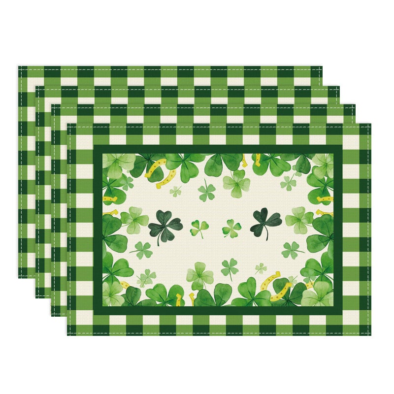 XCHI Green Plaid Four-Leaf Clovers Shamrocks Horseshoes St. Patrick's Day Placemats Set of 4 Table Mats for Party Home Kitchen Dining Table Decorations 12x18 Inch - Image 1