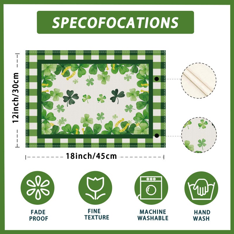 XCHI Green Plaid Four-Leaf Clovers Shamrocks Horseshoes St. Patrick's Day Placemats Set of 4 Table Mats for Party Home Kitchen Dining Table Decorations 12x18 Inch - Image 5