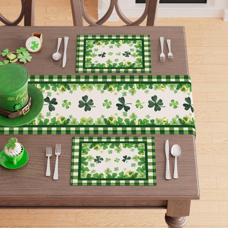 XCHI Green Plaid Four-Leaf Clovers Shamrocks Horseshoes St. Patrick's Day Placemats Set of 4 Table Mats for Party Home Kitchen Dining Table Decorations 12x18 Inch - Image 3