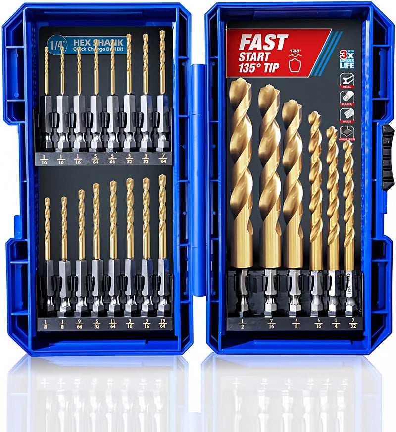 HIGHFIRE 22 Pieces Hex Shank Drill Bit Set for Impact Driver, HSS Twist Titanium Drill Bits for Metal, Hex Drive Quick Change Drill Bits Set - Image 1