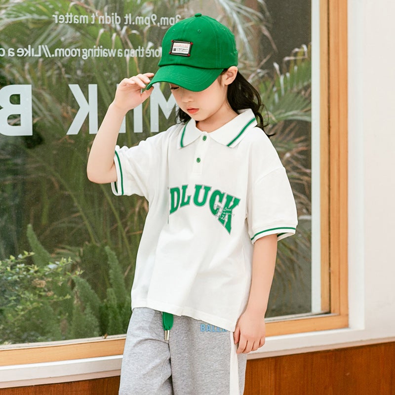 Childrens Short-sleeved Top Polo Shirt Girls suit 2025 Summer Big Childrens Wear Academy Style T-Shirt Sweatpants Two-piece Set WHITE POLO SHIRT 
