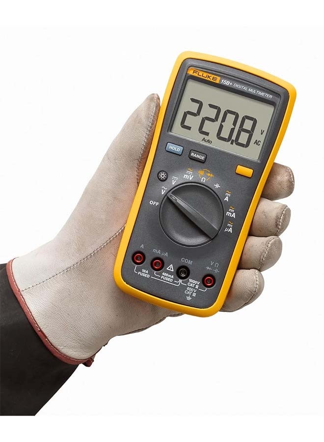 فلوك جهاز قياس متعدد رقمي Fluke 15B+، للتطبيقات الكهربائية، يقيس الجهد والتيار المتردد/المستمر حتى 1000 فولت و10 أمبير، بالإضافة إلى إمكانيات المقاومة والاستمرارية والثنائي والسعة.  - Image 2