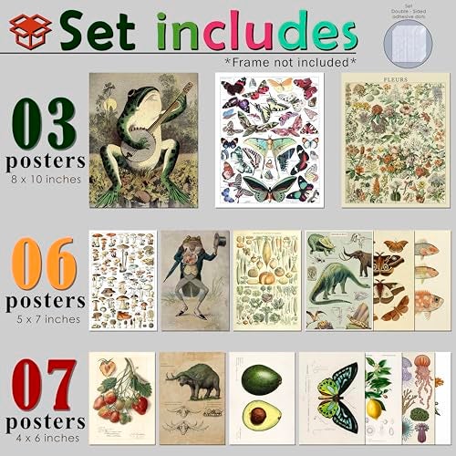 LANCHI95 6 Pcs Vintage Botanical Wall Art Set – Unframed Aesthetic Cottagecore Decor, Antique Frog, Mushroom, Butterfly & Floral Nature Prints - Gallery Wall Kit (3x 8x10, 6x 5x7, 7x 4x6) (UNFRAMED) - Image 2