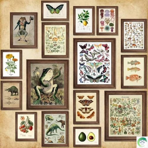 LANCHI95 6 Pcs Vintage Botanical Wall Art Set – Unframed Aesthetic Cottagecore Decor, Antique Frog, Mushroom, Butterfly & Floral Nature Prints - Gallery Wall Kit (3x 8x10, 6x 5x7, 7x 4x6) (UNFRAMED) - Image 1