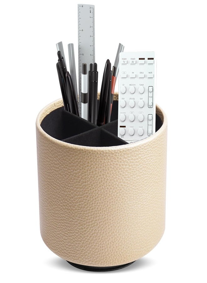 Hennaja Round Leather Art Supply Organizer,Remote Control Holder,360 Degree Spinning,Multi-Functional Pencil Holder,4 Compartments Desktop Stationary Organizer(1-Lichee Gold) - Image 1