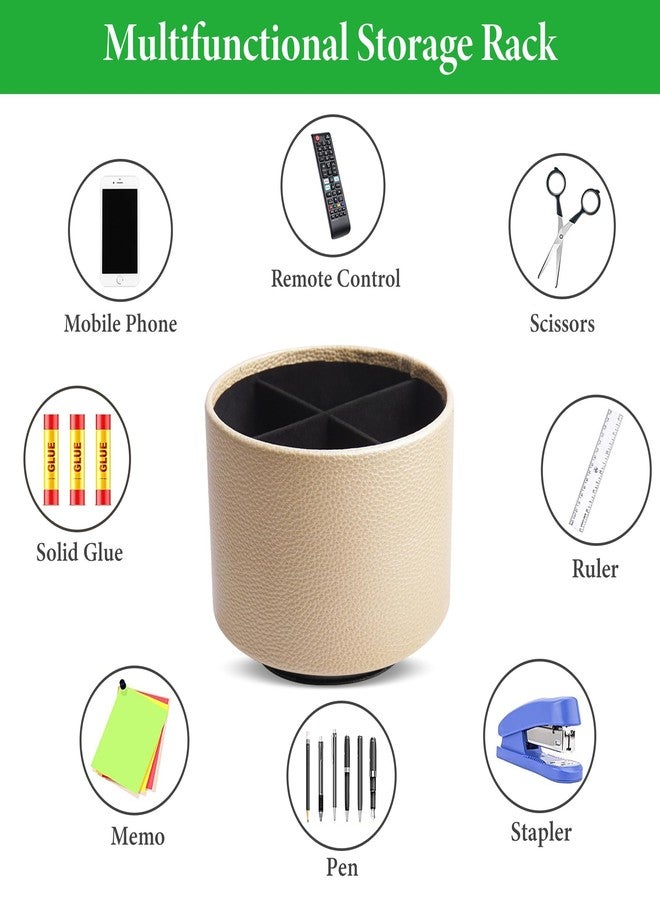 Hennaja Round Leather Art Supply Organizer,Remote Control Holder,360 Degree Spinning,Multi-Functional Pencil Holder,4 Compartments Desktop Stationary Organizer(1-Lichee Gold) - Image 5