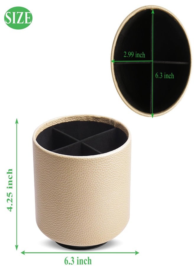 Hennaja Round Leather Art Supply Organizer,Remote Control Holder,360 Degree Spinning,Multi-Functional Pencil Holder,4 Compartments Desktop Stationary Organizer(1-Lichee Gold) - Image 2