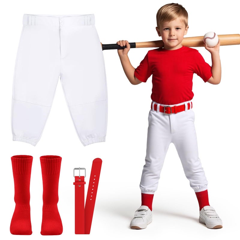 CHCLACE Toddler Baseball Pants - Kids Tee Ball Pants for Boy Girl, Includes: Red Belt and Baseball Socks (4T) - Image 1