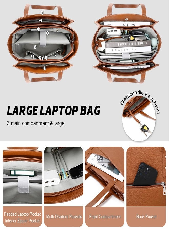 MYHOZEE Laptop Tote Bag for Women 15.6 Inch - Work Bags Vintage Leather Computer Bag Large Office Purse Satchel Hanbag with 3 Compartment for Work/Travel/College - Image 4