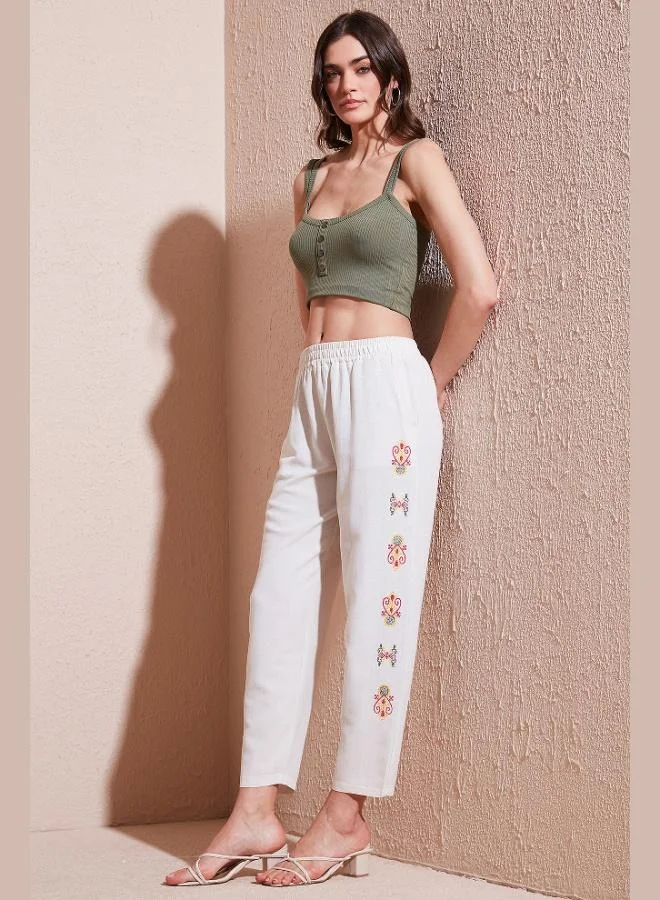 ليلا بنطلون ليلا بوهيمي مطرز من مزيج الكتان والقطن للنساء