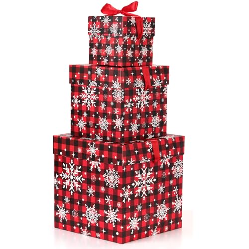 Trandraft 3 Pcs Christmas Nesting Gift Boxes Buffalo Plaid Xmas Stackable Boxes Black Red Decorative Xmas Nested Present Boxes with Lids and Ribbon for New Year Birthday Party GiftSnowflake - Image 1