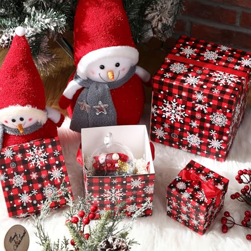 Trandraft 3 Pcs Christmas Nesting Gift Boxes Buffalo Plaid Xmas Stackable Boxes Black Red Decorative Xmas Nested Present Boxes with Lids and Ribbon for New Year Birthday Party GiftSnowflake - Image 3