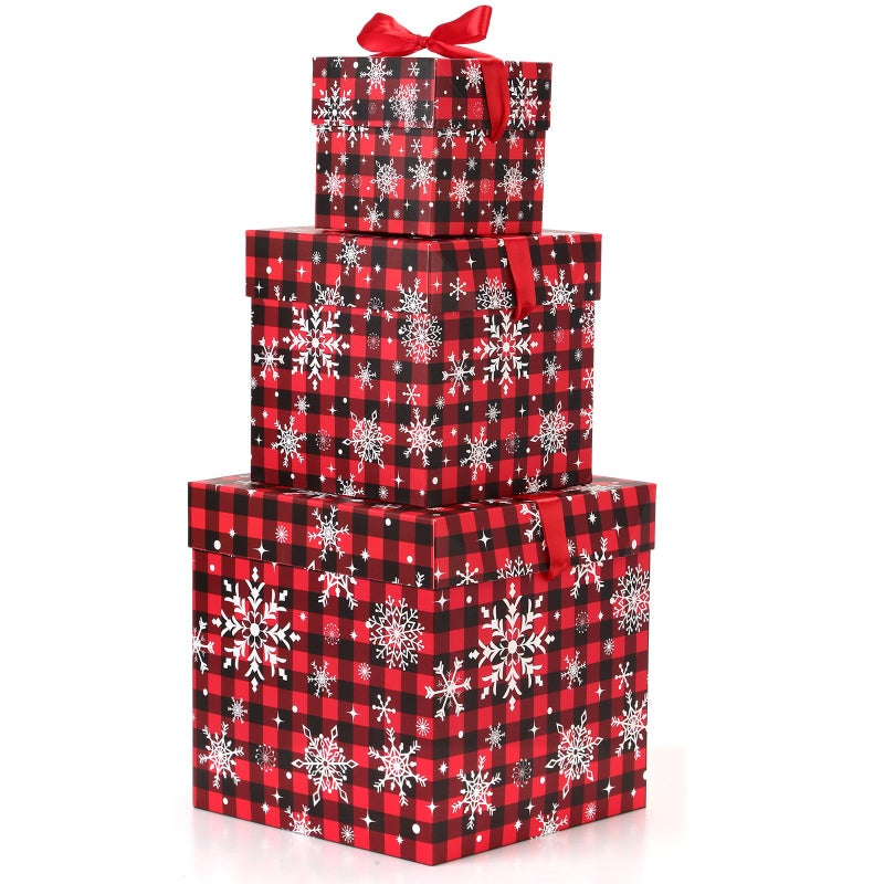 Trandraft 3 Pcs Christmas Nesting Gift Boxes Buffalo Plaid Xmas Stackable Boxes Black Red Decorative Xmas Nested Present Boxes with Lids and Ribbon for New Year Birthday Party GiftSnowflake - Image 2