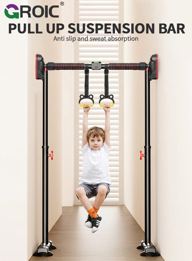 GROIC "Pull Up Bar, No-Drill Pull Up Bar with Gymnastic Rings, 96-135cm Adjustable Floor-to-Ceiling Chin Up Bar, Heavy-Duty Indoor Home Gym Equipment for Kids & Adults, Home Fitness Equipment, Chin Up Bar " - Image 4