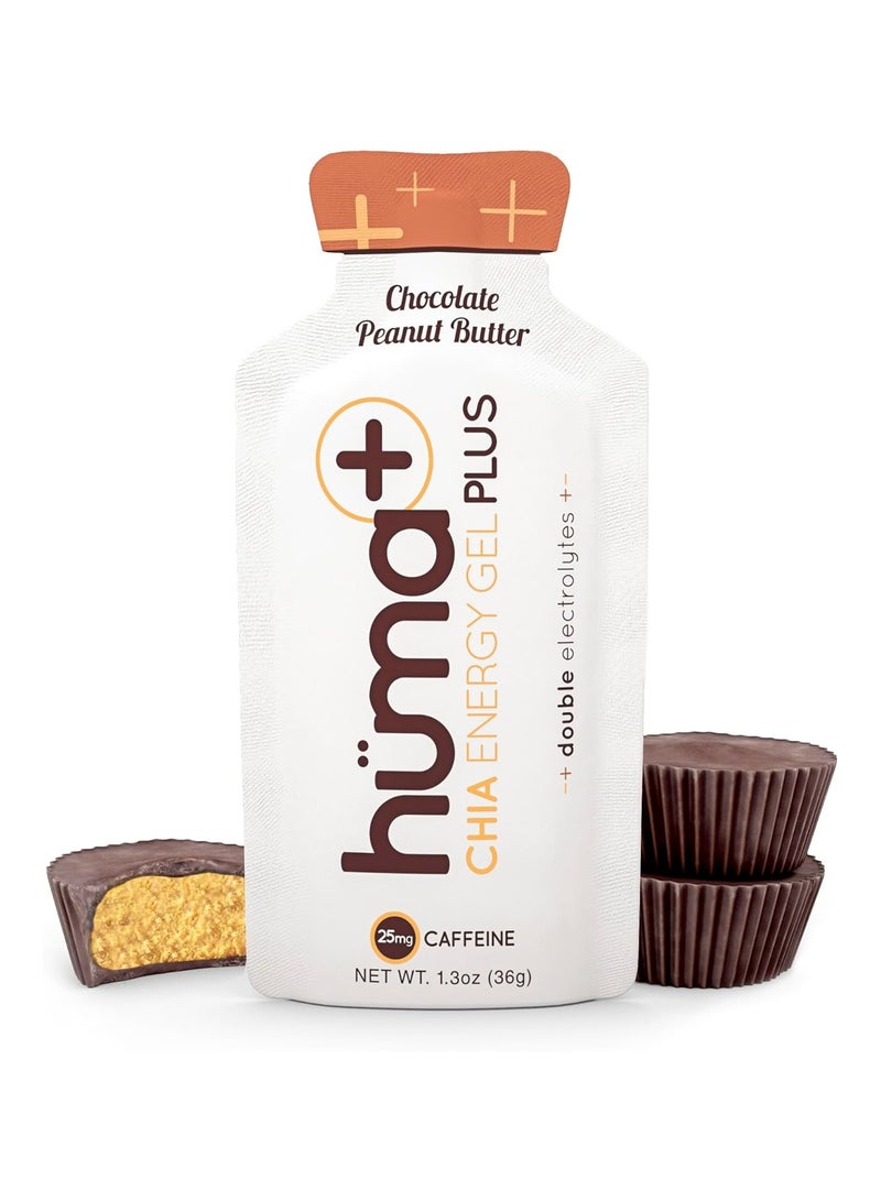Huma Chia Energy Gel Plus â€“ Chocolate Peanut Butter - 9 count x 36g - 22gr Carbs, 240mg Sodium, 25mg Caffeine, Double Electrolytes, 100% All Natural, Vegan, Gluten Free - Pack of 9 - Image 1