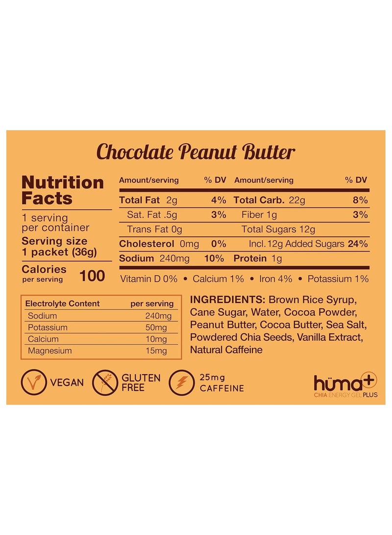 Huma Chia Energy Gel Plus â€“ Chocolate Peanut Butter - 9 count x 36g - 22gr Carbs, 240mg Sodium, 25mg Caffeine, Double Electrolytes, 100% All Natural, Vegan, Gluten Free - Pack of 9 - Image 2