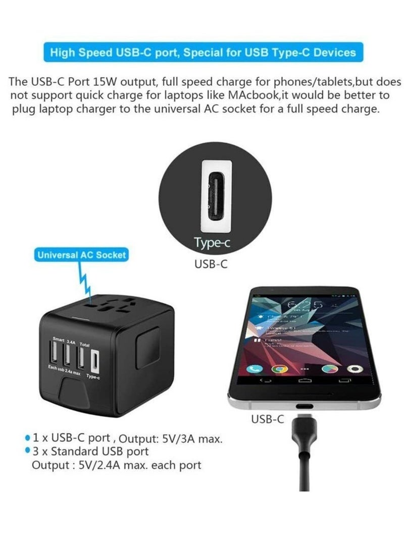 BGM Universal Travel Adapter with Multiple Regional Power Socket Plugs for UK US AU and Plug Adaptor with 3 Ultra-Fast USB Charging Port and 1 Brisk USB Type C Port (Black)  - Image 2