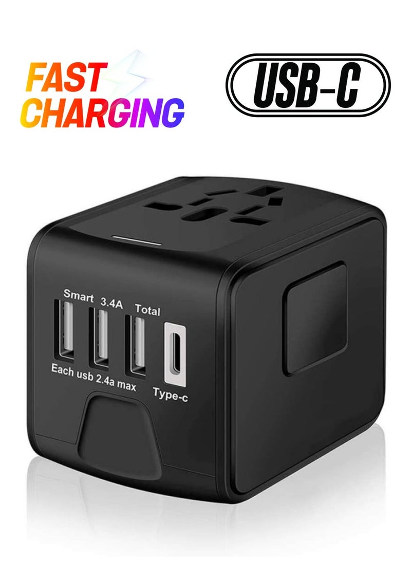 BGM Universal Travel Adapter with Multiple Regional Power Socket Plugs for UK US AU and Plug Adaptor with 3 Ultra-Fast USB Charging Port and 1 Brisk USB Type C Port (Black)  - Image 1