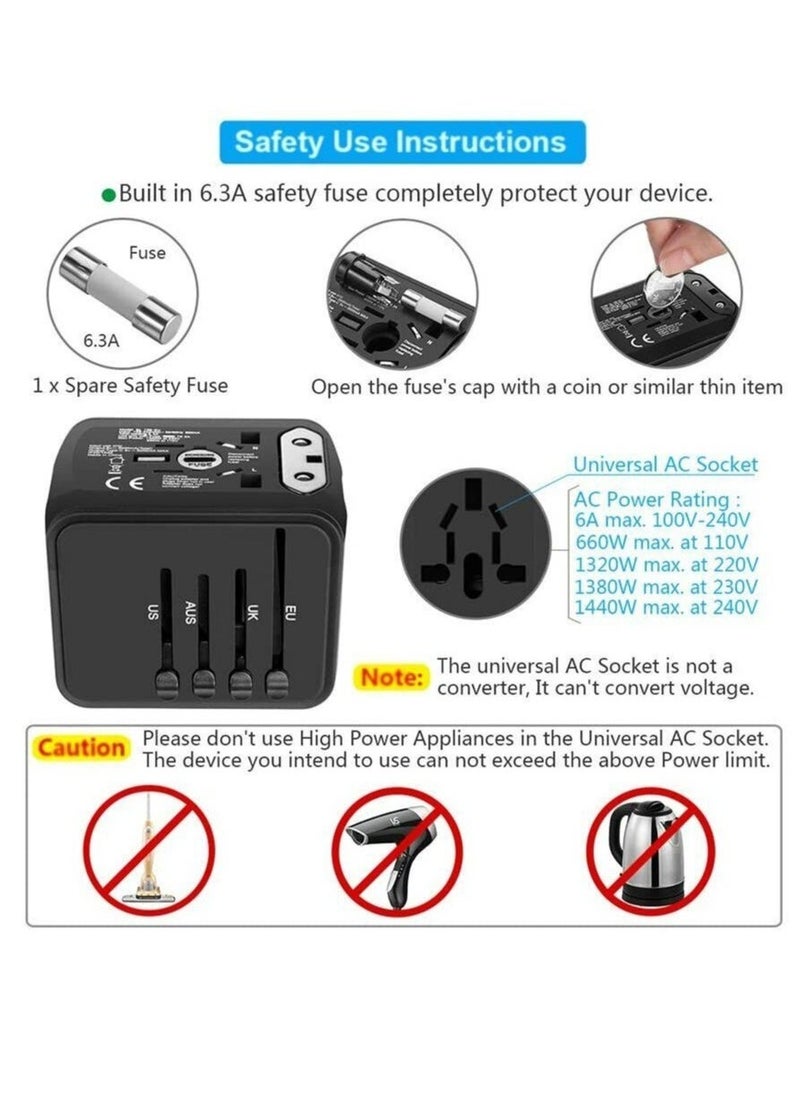 BGM Universal Travel Adapter with Multiple Regional Power Socket Plugs for UK US AU and Plug Adaptor with 3 Ultra-Fast USB Charging Port and 1 Brisk USB Type C Port (Black)  - Image 3