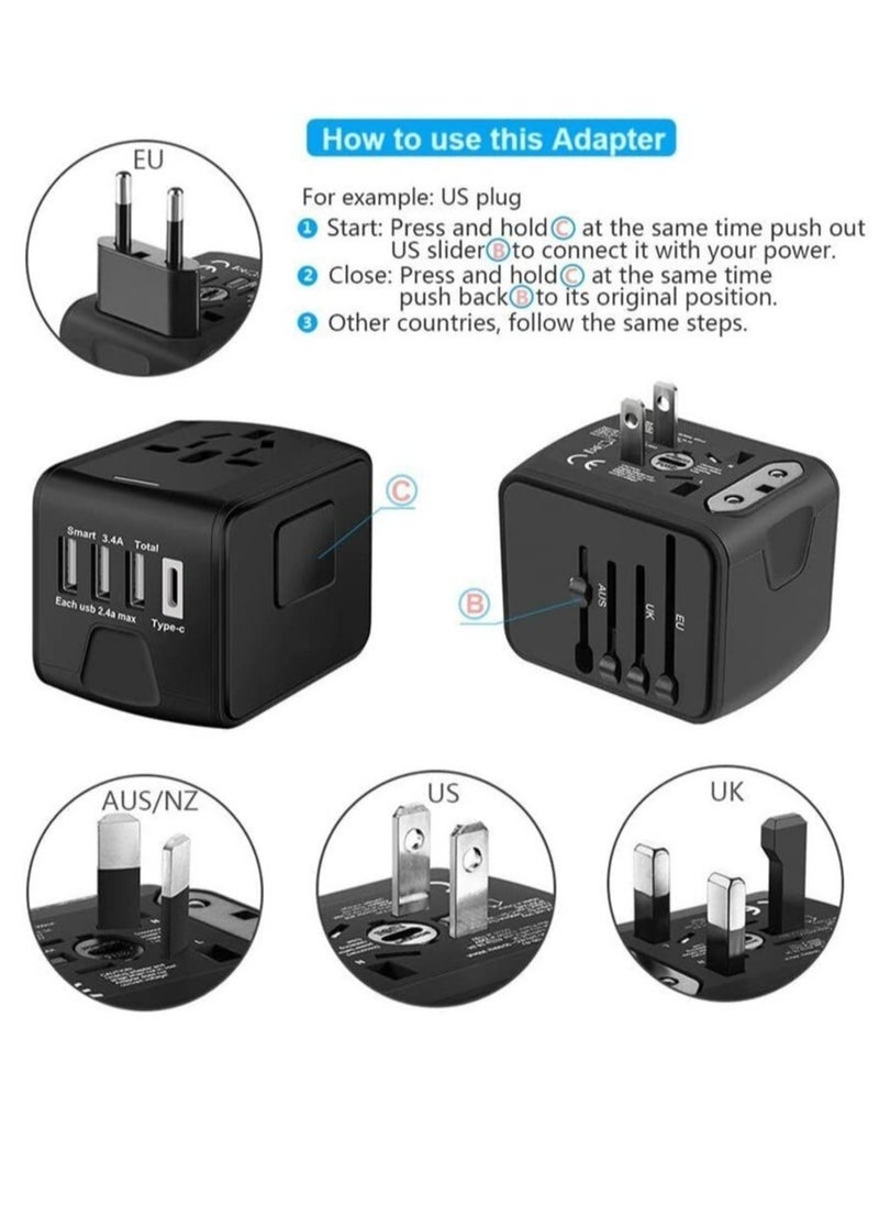 BGM Universal Travel Adapter with Multiple Regional Power Socket Plugs for UK US AU and Plug Adaptor with 3 Ultra-Fast USB Charging Port and 1 Brisk USB Type C Port (Black)  - Image 4