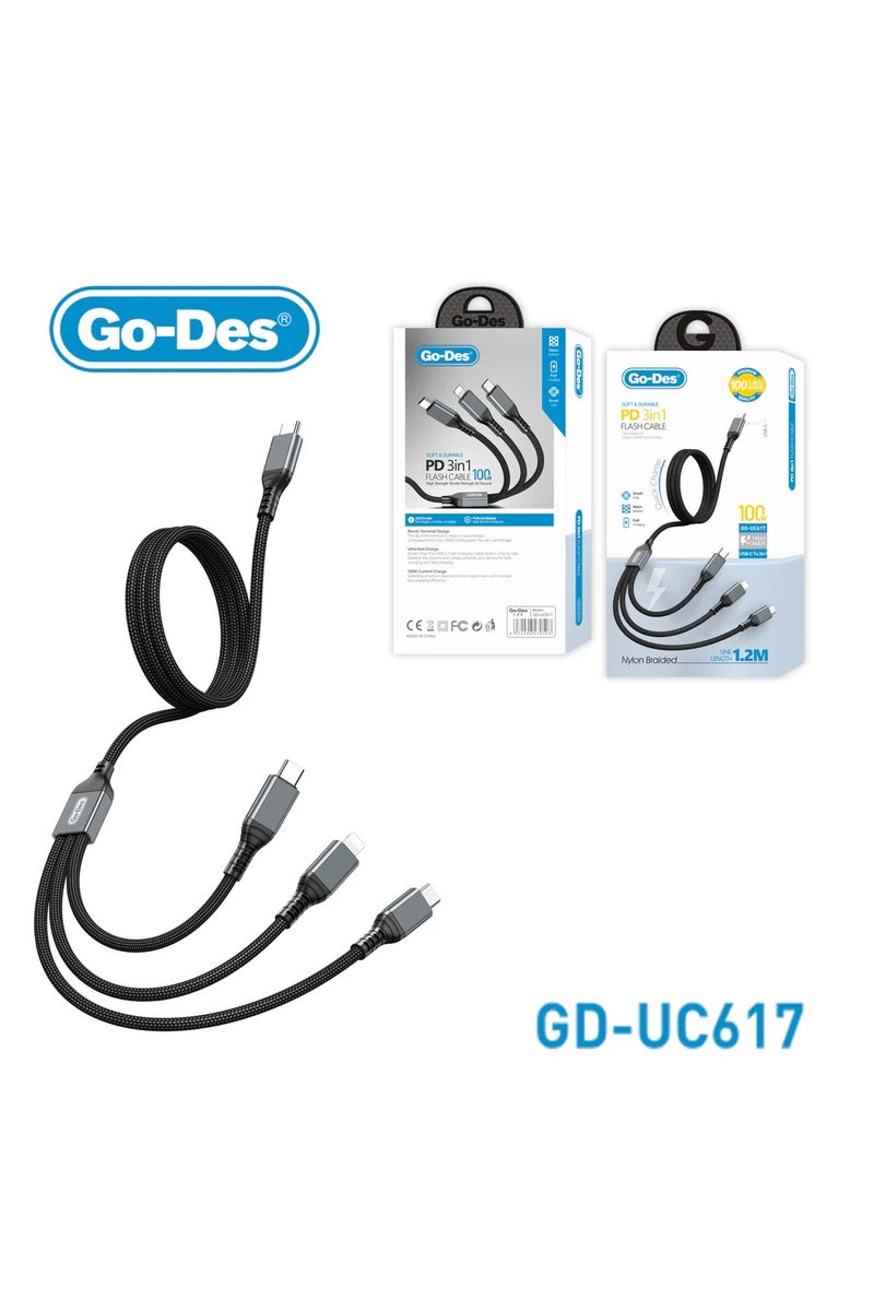 جو-ديز كابل فلاش PD 3 في 1، 100 واط، شحن سريع، نايلون مضفر، 1.2 متر، لأجهزة USB-C وiPhone - Image 1