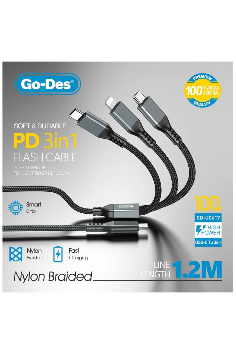 جو-ديز كابل فلاش PD 3 في 1، 100 واط، شحن سريع، نايلون مضفر، 1.2 متر، لأجهزة USB-C وiPhone - Image 2