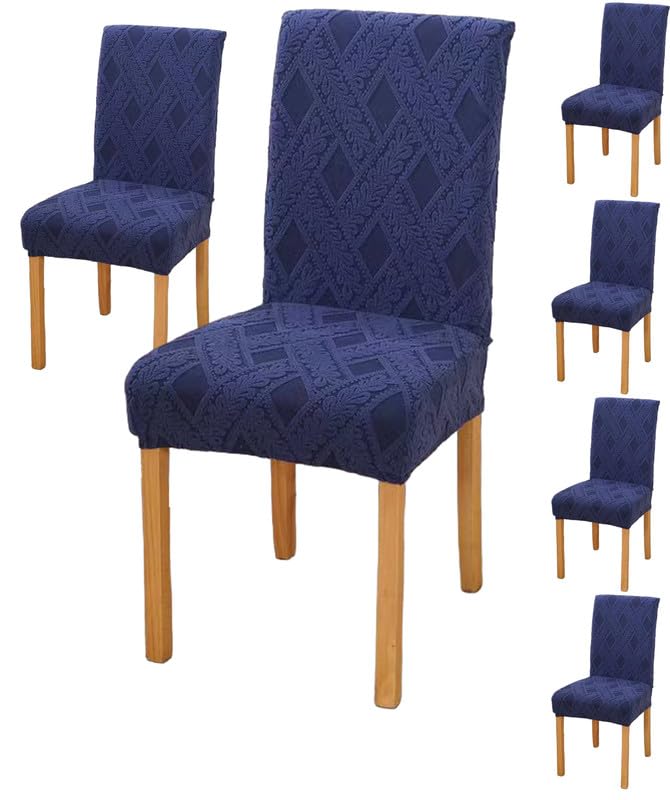 Styleys Elastic Chair Cover Stretch Removable Washable Short Jacquard Dining Chair Cover Protector Seat Slipcover (Pack of 6, Navy Blue, JCMC34) - Image 1