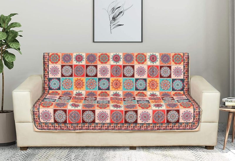 Nendle Box Pattern Printed Quilted 3 Layer Single Piece Sofa Cover 3 Seater with seat and Back Combined Soft Velvet Universal NonSlip Protector Covers for Living Drawing Room Orange Pack of 1 - Image 1