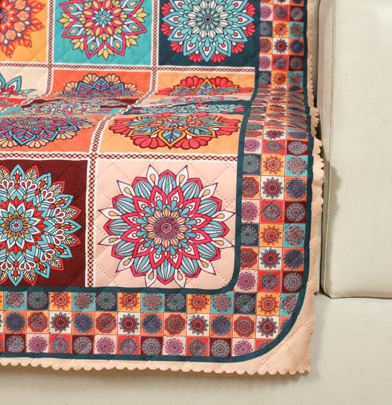 Nendle Box Pattern Printed Quilted 3 Layer Single Piece Sofa Cover 3 Seater with seat and Back Combined Soft Velvet Universal NonSlip Protector Covers for Living Drawing Room Orange Pack of 1 - Image 5