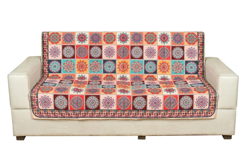 Nendle Box Pattern Printed Quilted 3 Layer Single Piece Sofa Cover 3 Seater with seat and Back Combined Soft Velvet Universal NonSlip Protector Covers for Living Drawing Room Orange Pack of 1 - Image 3