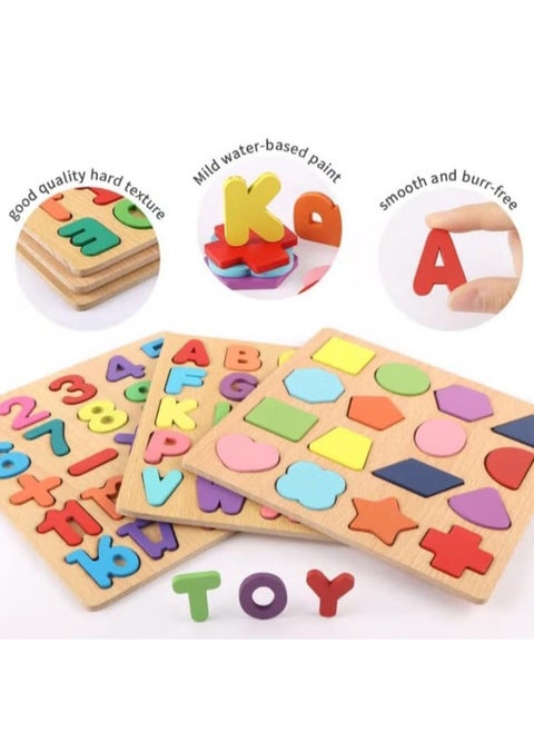 Wooden Educational Puzzle Set for Kids with Alphabet Letters, Numbers, and Shapes, 3D Large Colorful Letters.