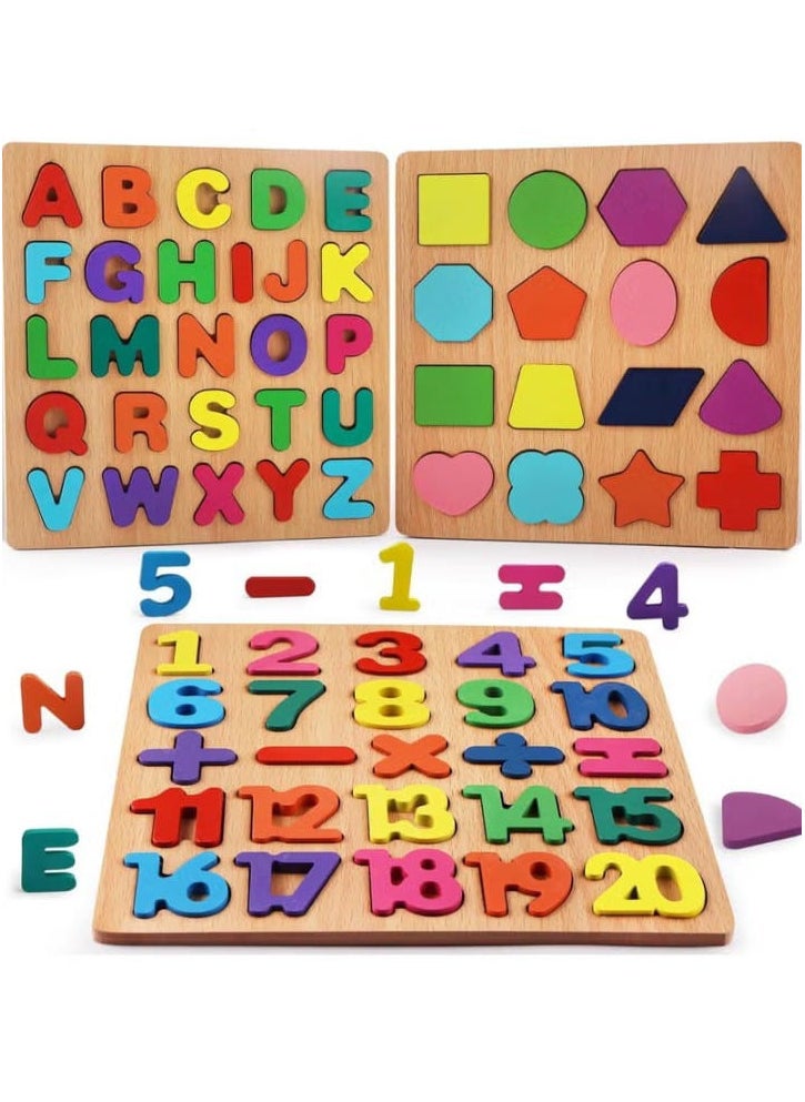Wooden Educational Puzzle Set for Kids with Alphabet Letters, Numbers, and Shapes, 3D Large Colorful Letters.