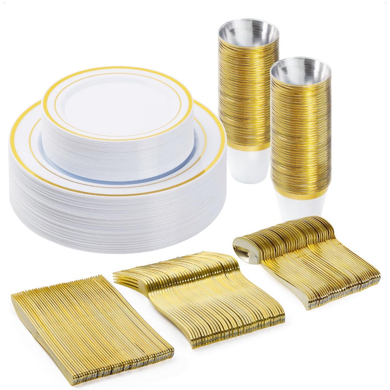 BESTVIP 150PCS Plastic Dinnerware Set 25 Guests Gold Disposable Plates for Party Wedding Anniversary Includes Dinner Plates Dessert Plates Cups Spoons Forks and Knives