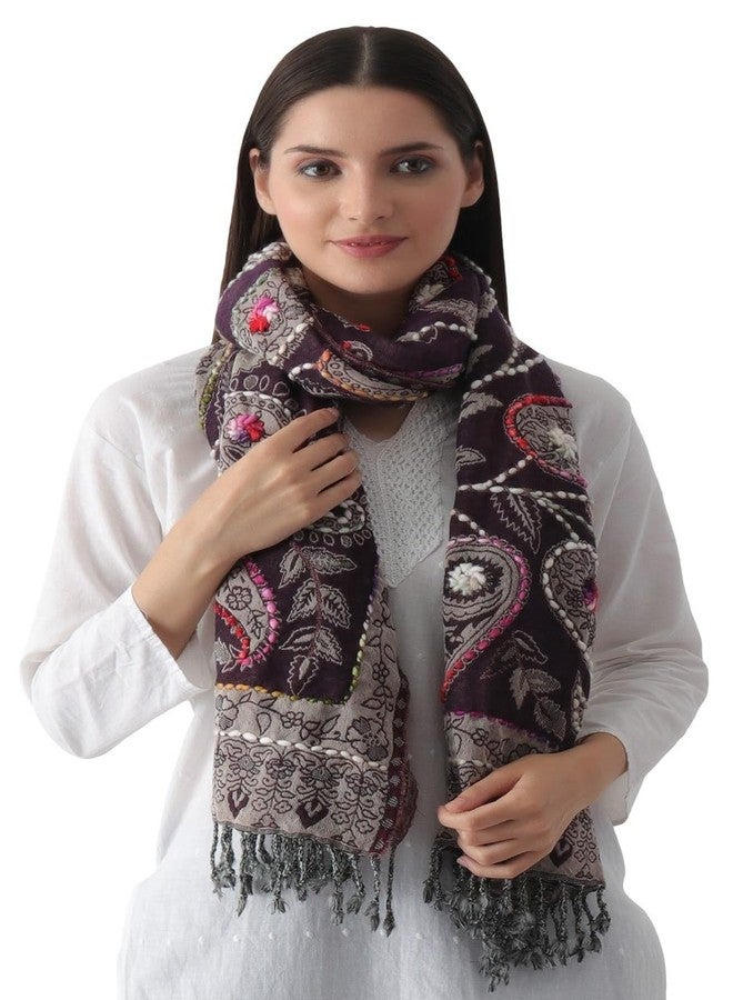 إي أتش شال باشمينا كبير ودافئ مصنوع من صوف الحملان بنسبة 100%، مطرز يدويًا بنقوش بيزلي وزهور جميلة (بيزلي بنفسجي) - Image 1