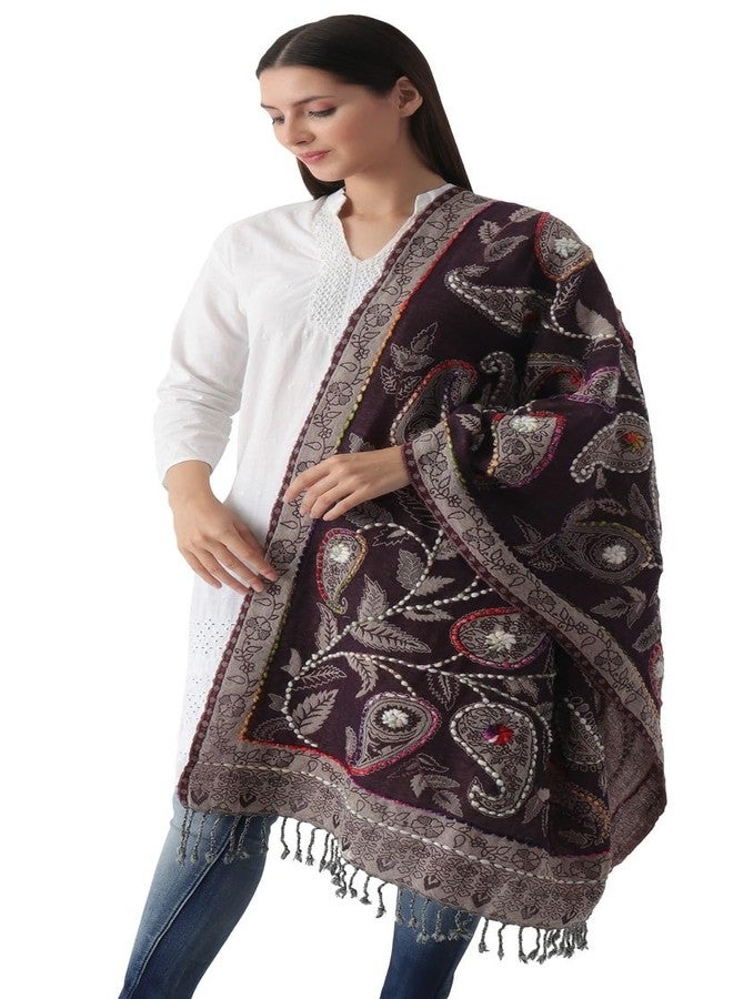 إي أتش شال باشمينا كبير ودافئ مصنوع من صوف الحملان بنسبة 100%، مطرز يدويًا بنقوش بيزلي وزهور جميلة (بيزلي بنفسجي) - Image 2