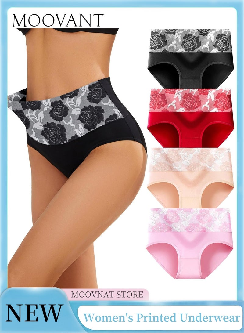 Moovant 4-Piece Women's Briefs Set, Ladies Rose Floral Printed Cotton Elastic High-waisted Stretch Underwear Triangle Pants, Black, Red, Apricot, Pink  - Image 1