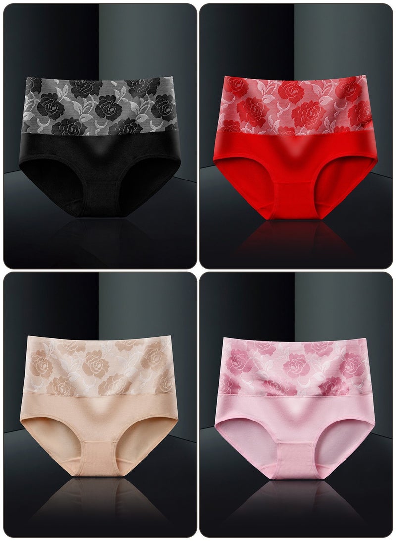 Moovant 4-Piece Women's Briefs Set, Ladies Rose Floral Printed Cotton Elastic High-waisted Stretch Underwear Triangle Pants, Black, Red, Apricot, Pink  - Image 5