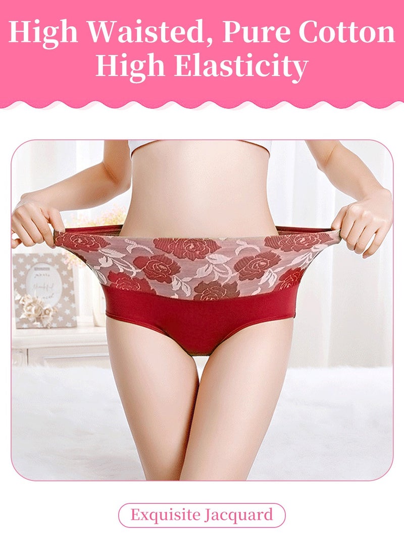 Moovant 4-Piece Women's Briefs Set, Ladies Rose Floral Printed Cotton Elastic High-waisted Stretch Underwear Triangle Pants, Black, Red, Apricot, Pink  - Image 4